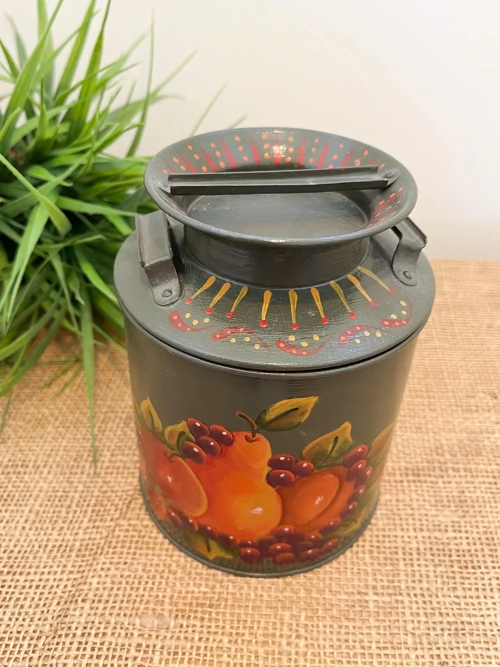 Vintage Tole Painted Folk Art Fruit Tin Container with Lid